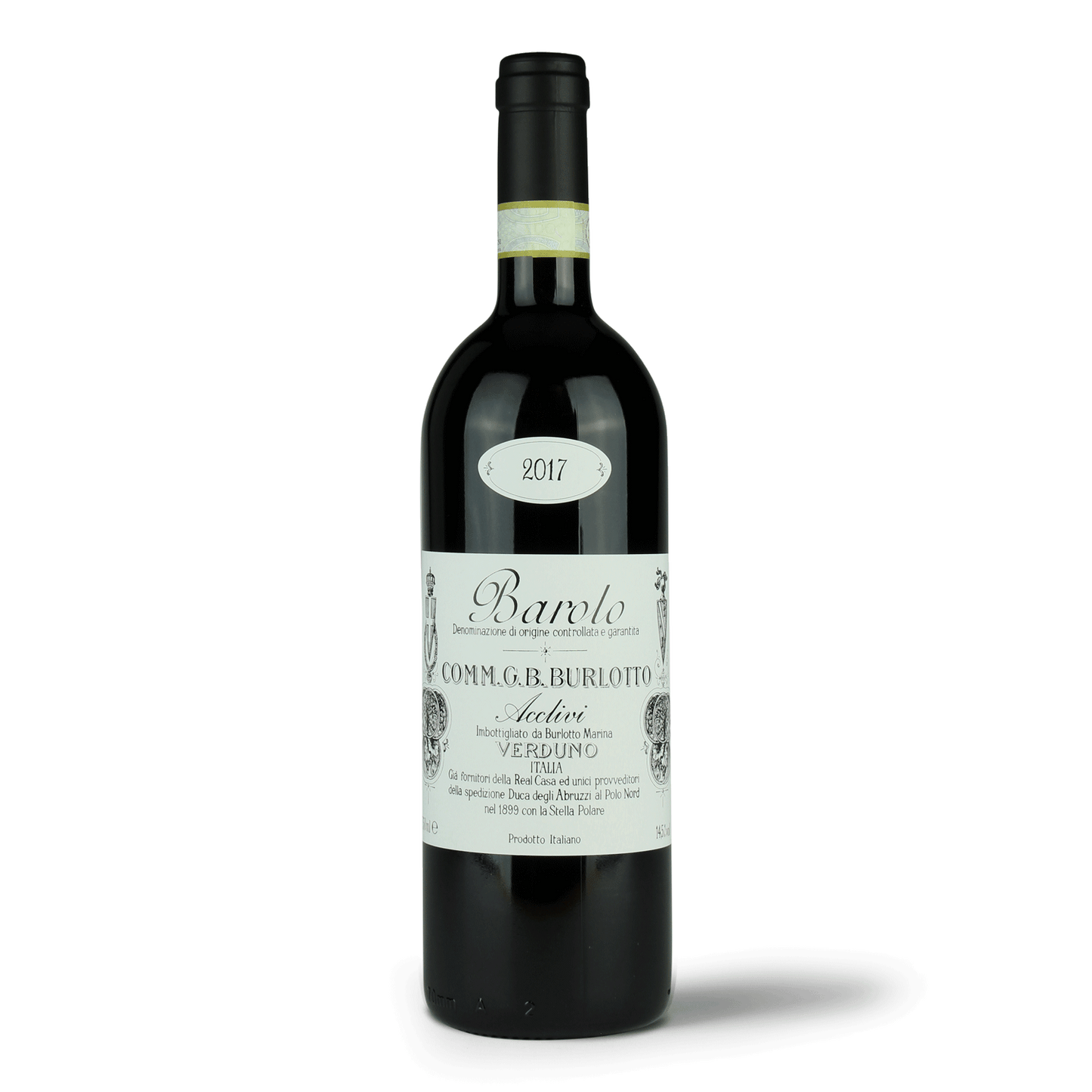 Flasche Barolo Wein vor Weiß.