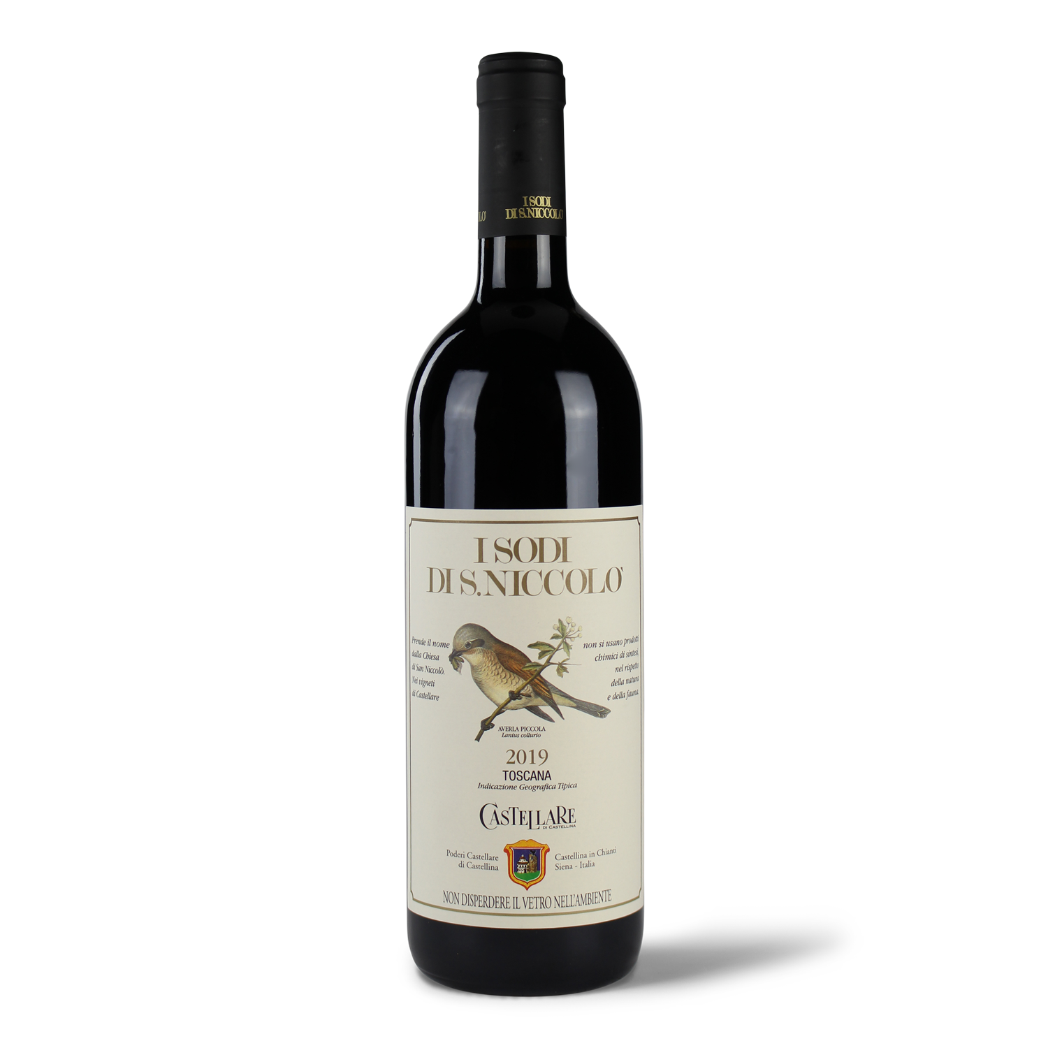 Weinflasche mit Etikett, Vogel.