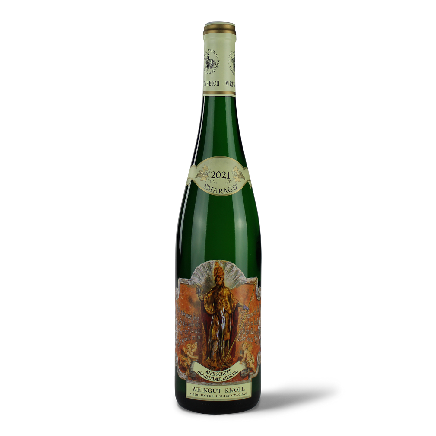 Weinflasche mit kunstvollem Etikett.