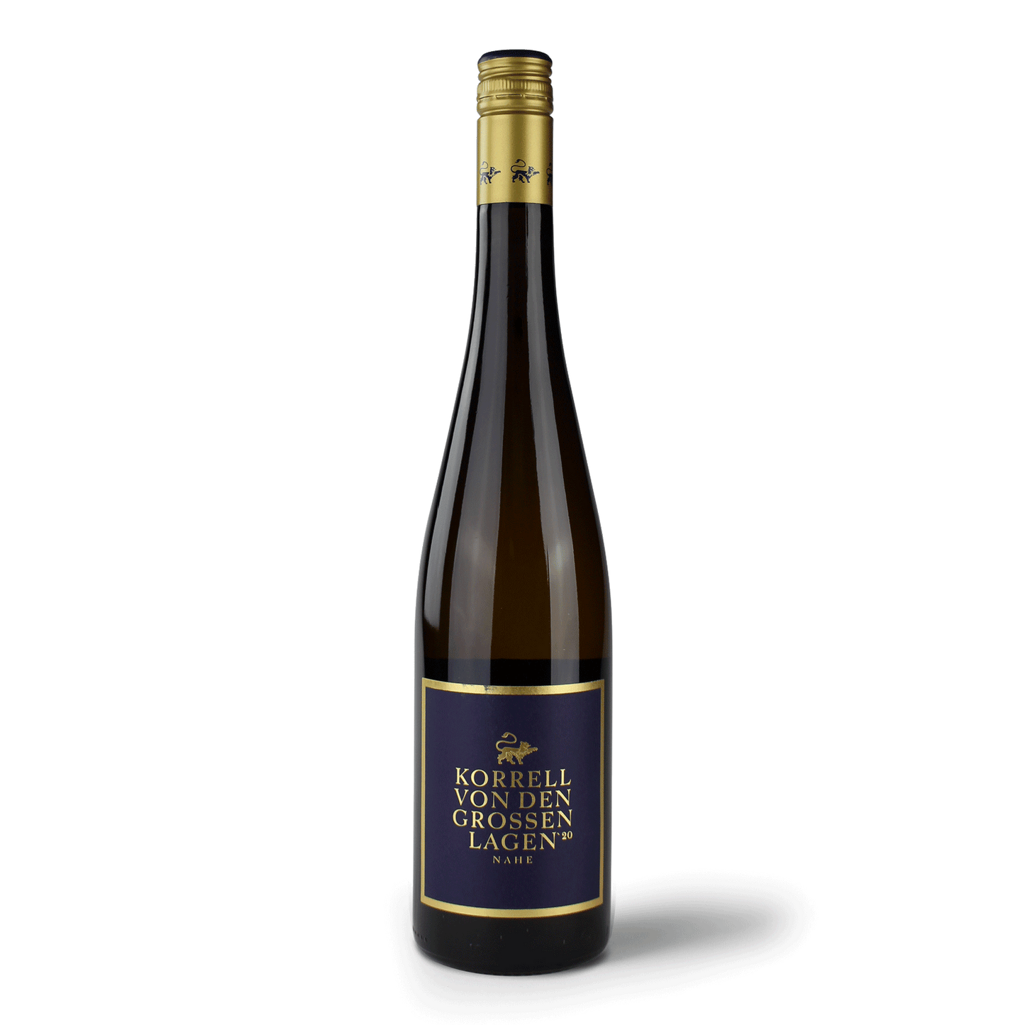 Weinflasche mit blauem Etikett.