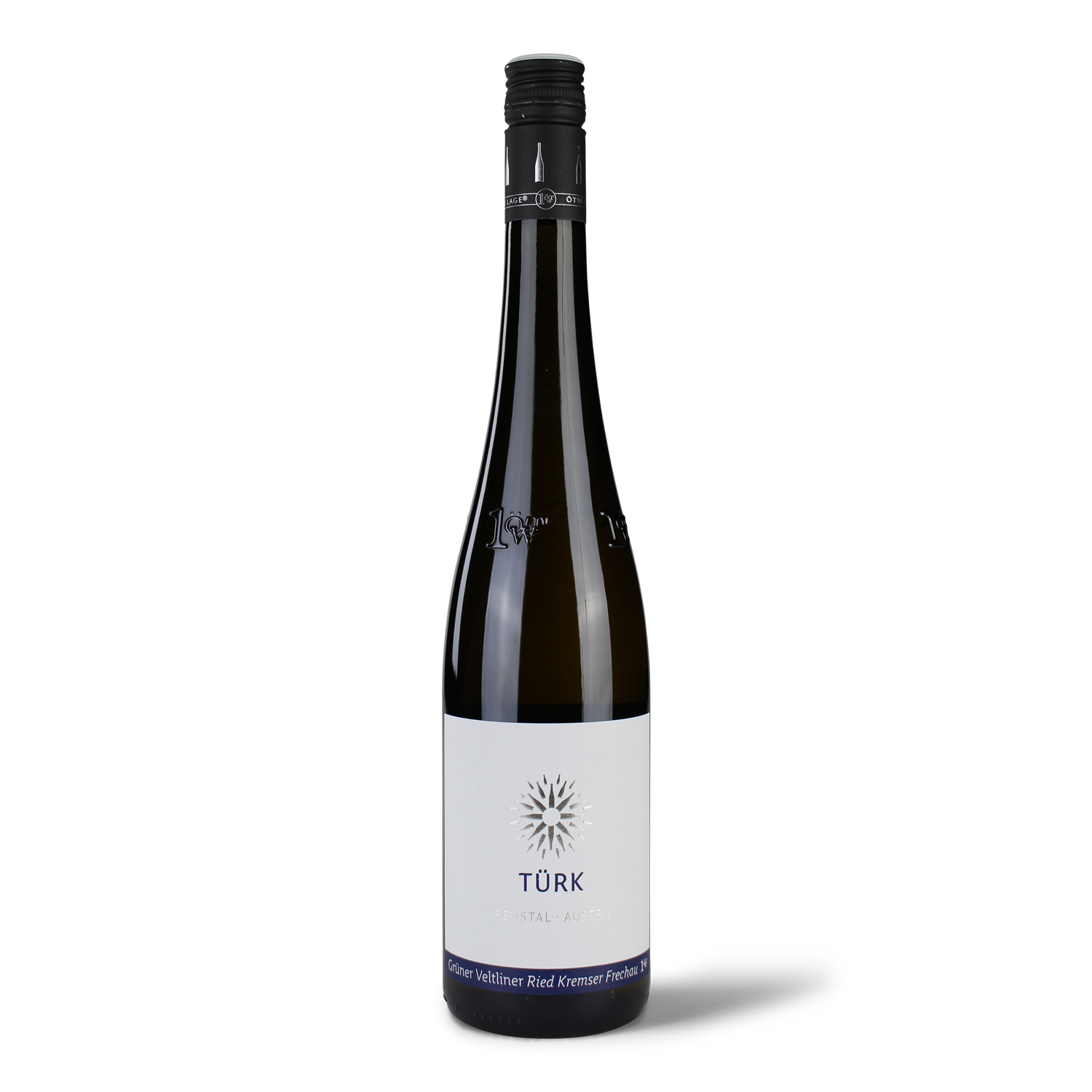 Weinflasche mit weißem Etikett.