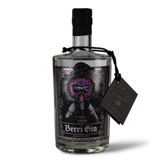 Flasche Beeri Gin mit Etikett.