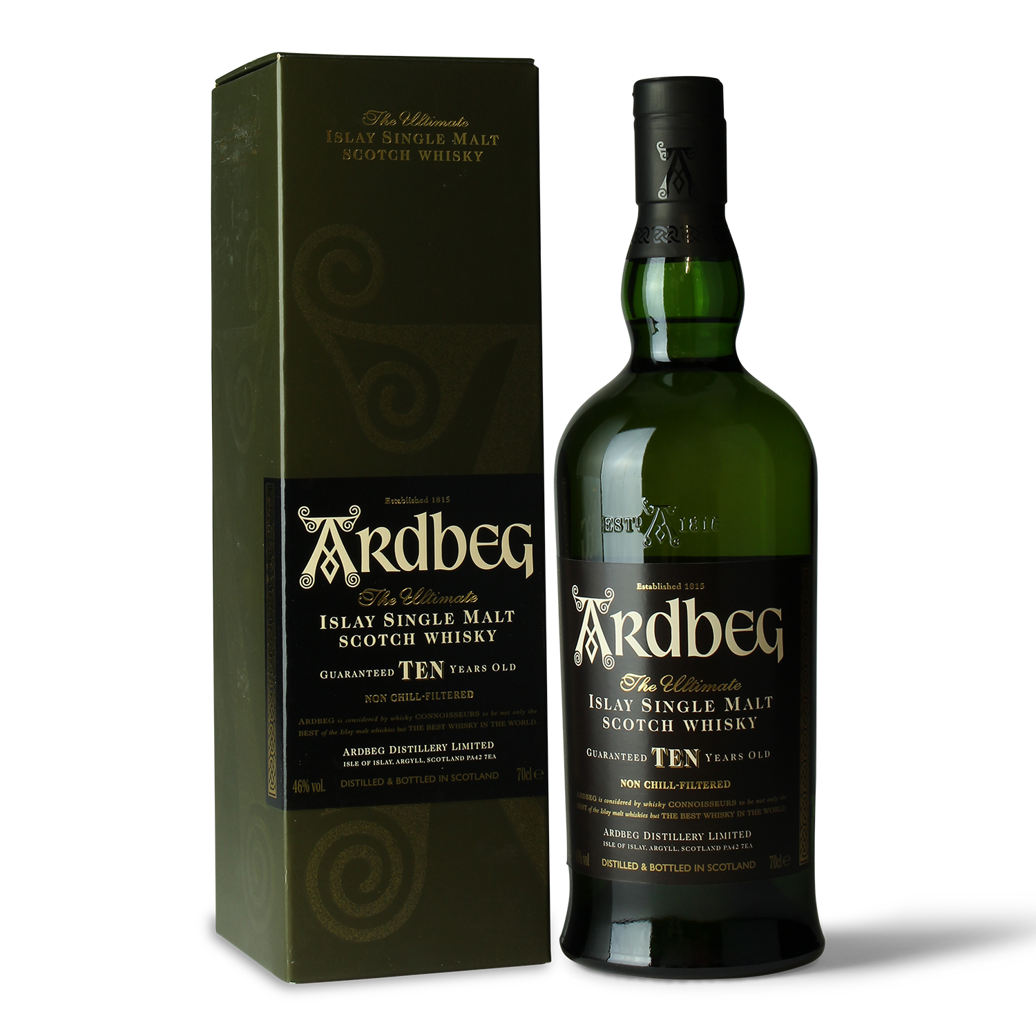 Ardbeg Whiskyflasche und Verpackung.