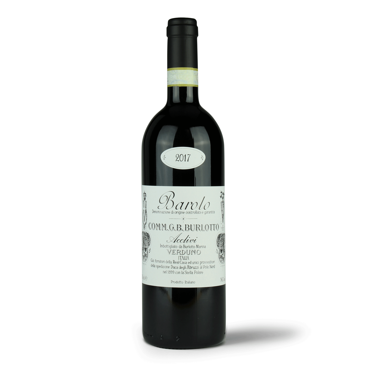Flasche Barolo Wein vor Weiß.