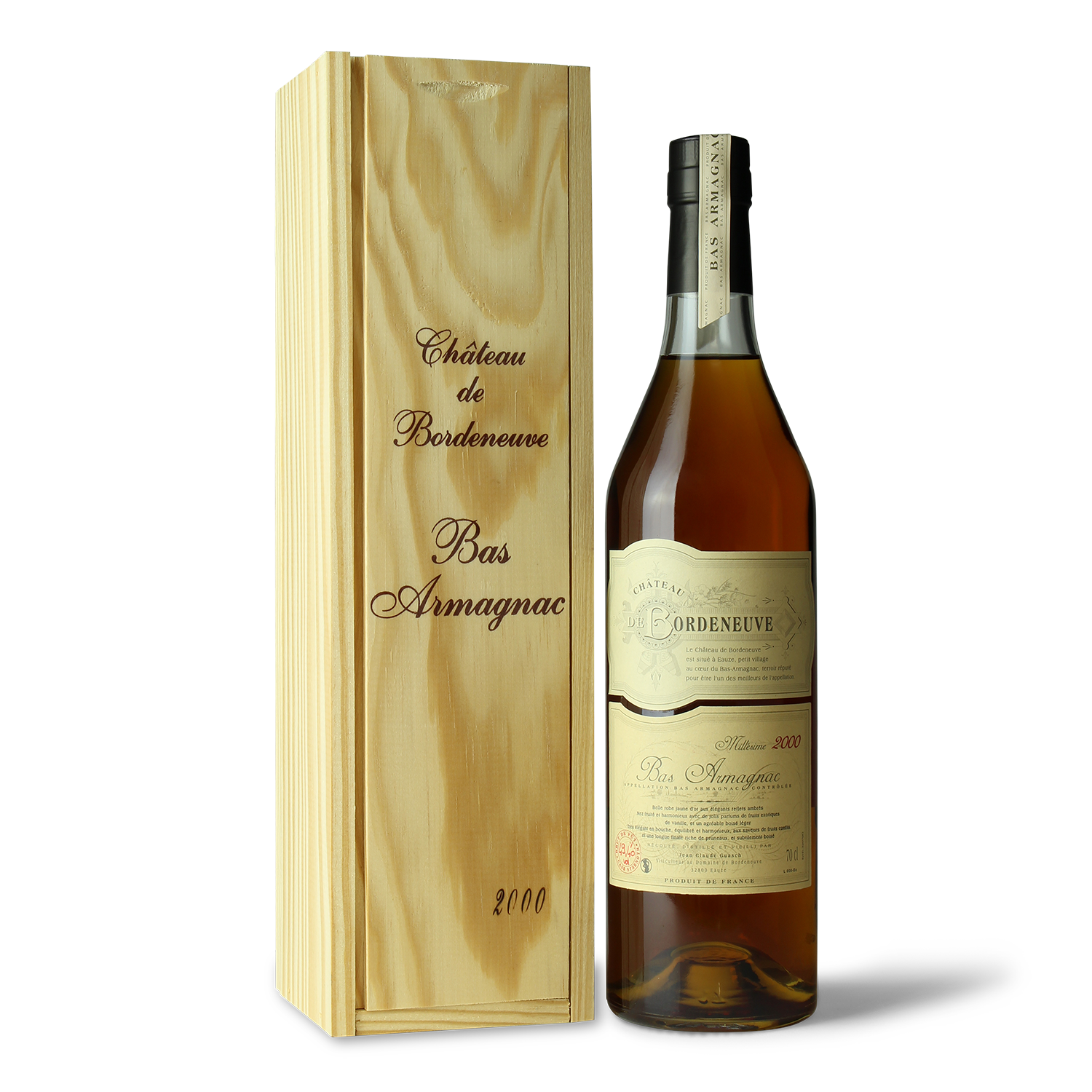 Flasche Armagnac mit Holzkiste.