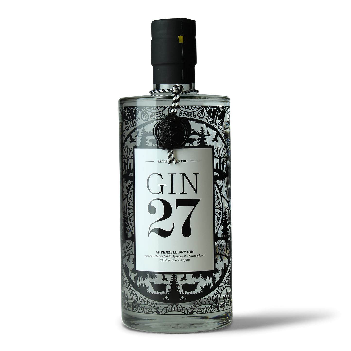 Gin-Flasche mit dekorativem Etikett.