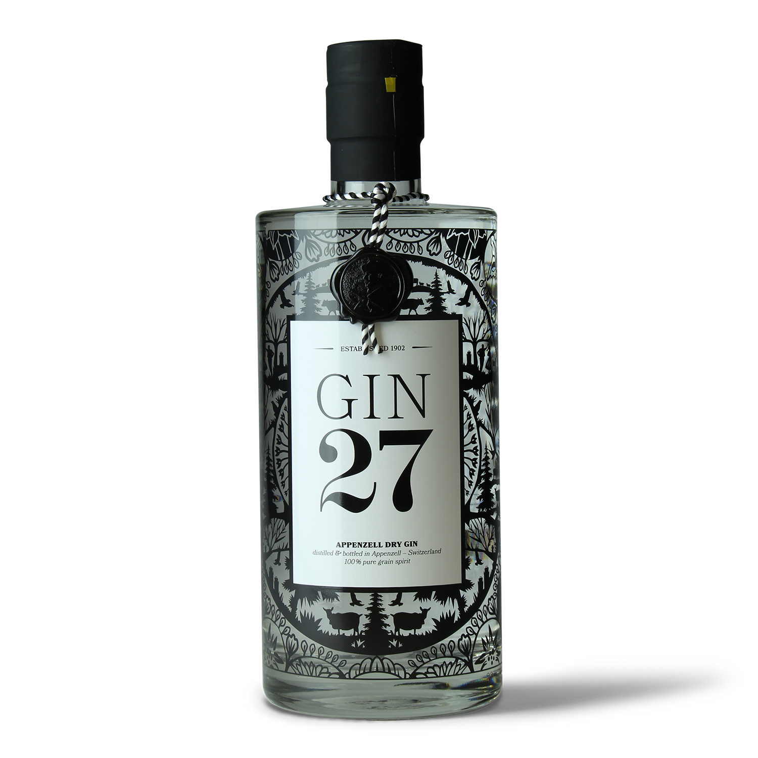 Gin-Flasche mit dekorativem Etikett.