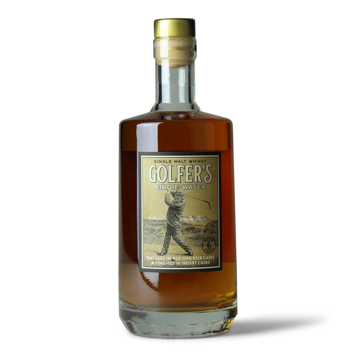 Whiskyflasche mit Golfer-Etikett.