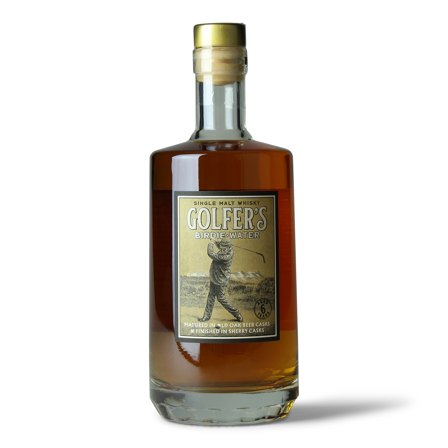 Whiskyflasche mit Golfer-Etikett.