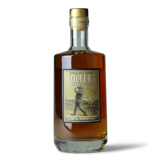 Whiskyflasche mit Golfer-Etikett.