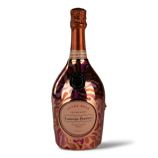 Champagnerflasche mit rosa Etikett.