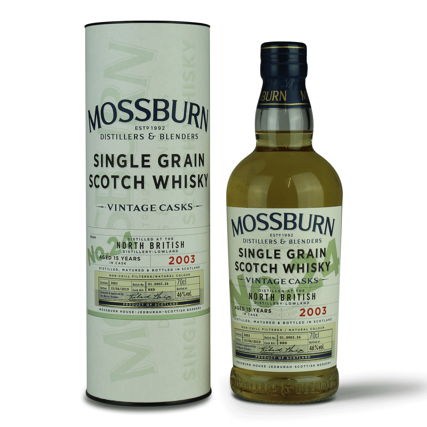 Whiskyflasche und Verpackung Mossburn.