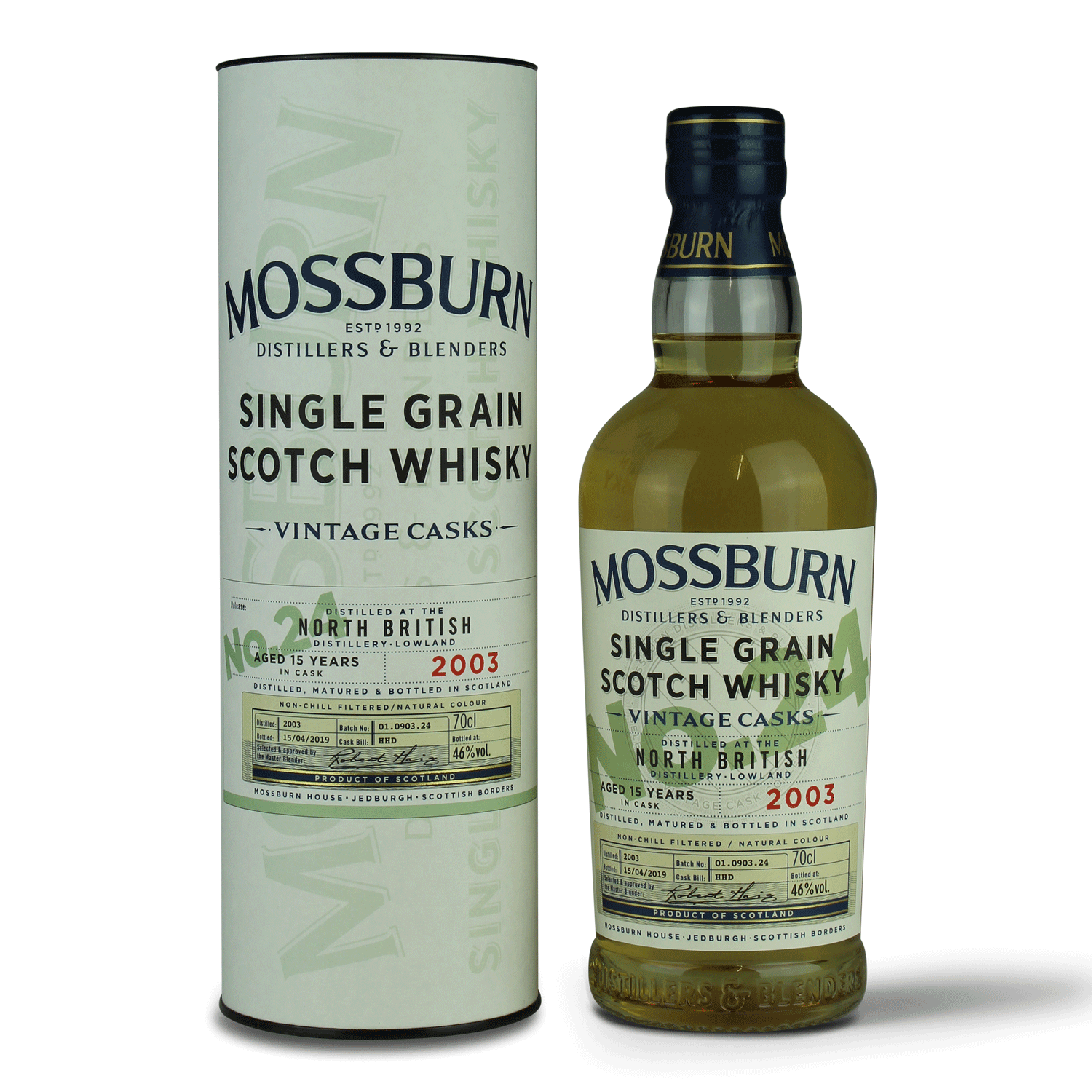 Whiskyflasche und Verpackung Mossburn.