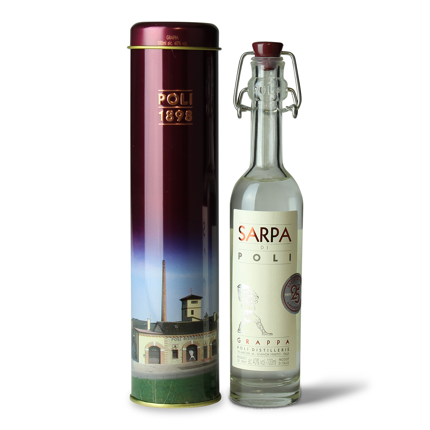 Grappa-Flasche und Geschenkdose.