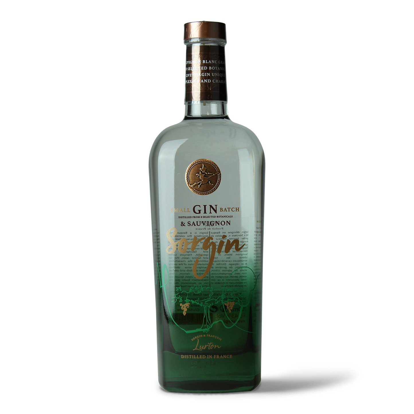 Gin-Flasche mit grünem Etikett.