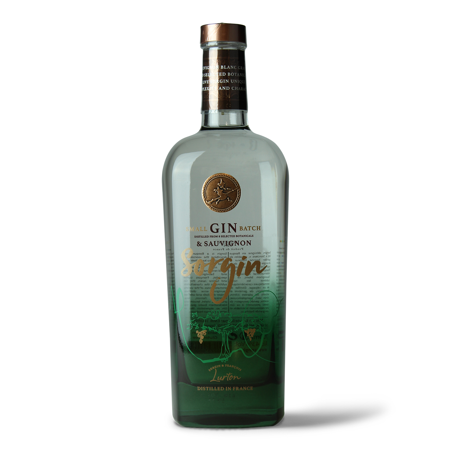 Gin-Flasche mit grünem Etikett.