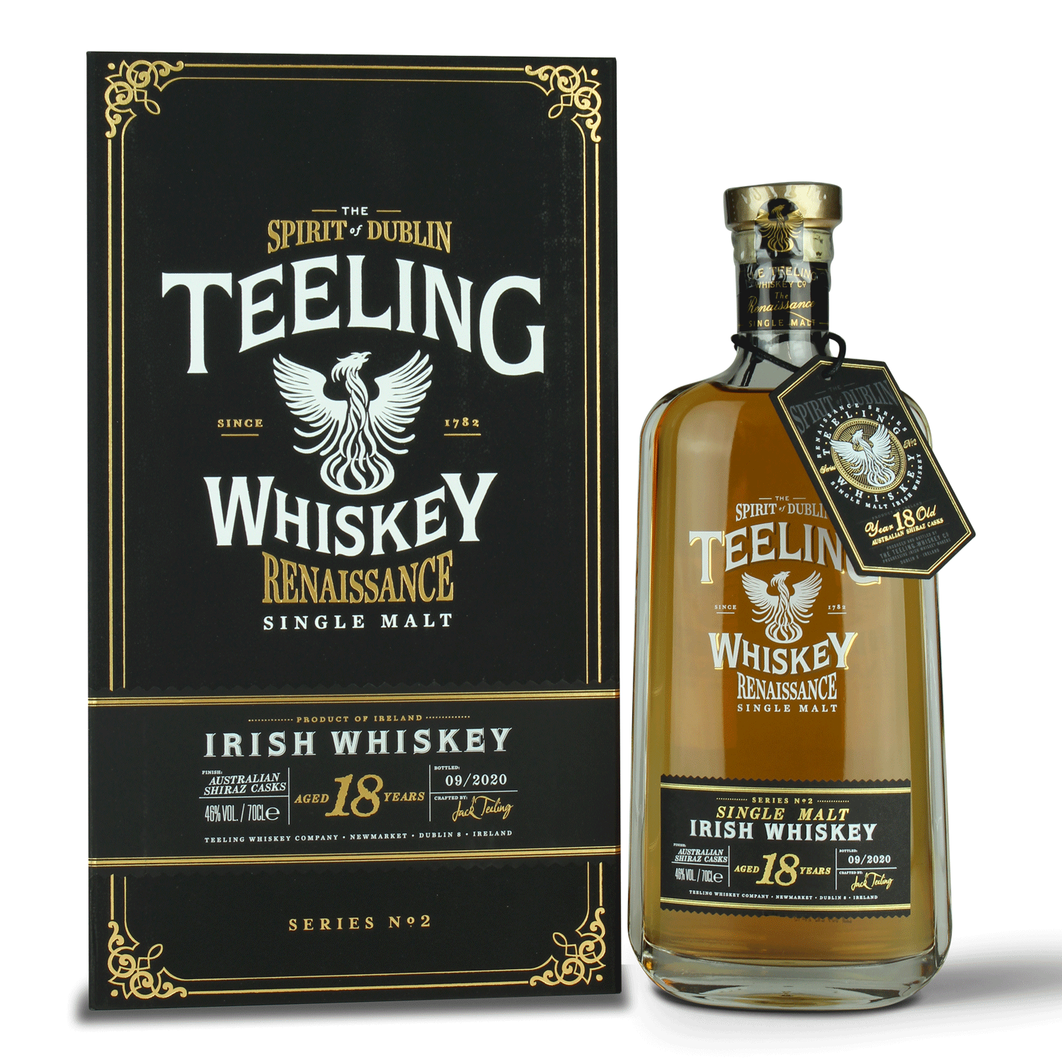 Teeling Whiskey Flasche und Verpackung.