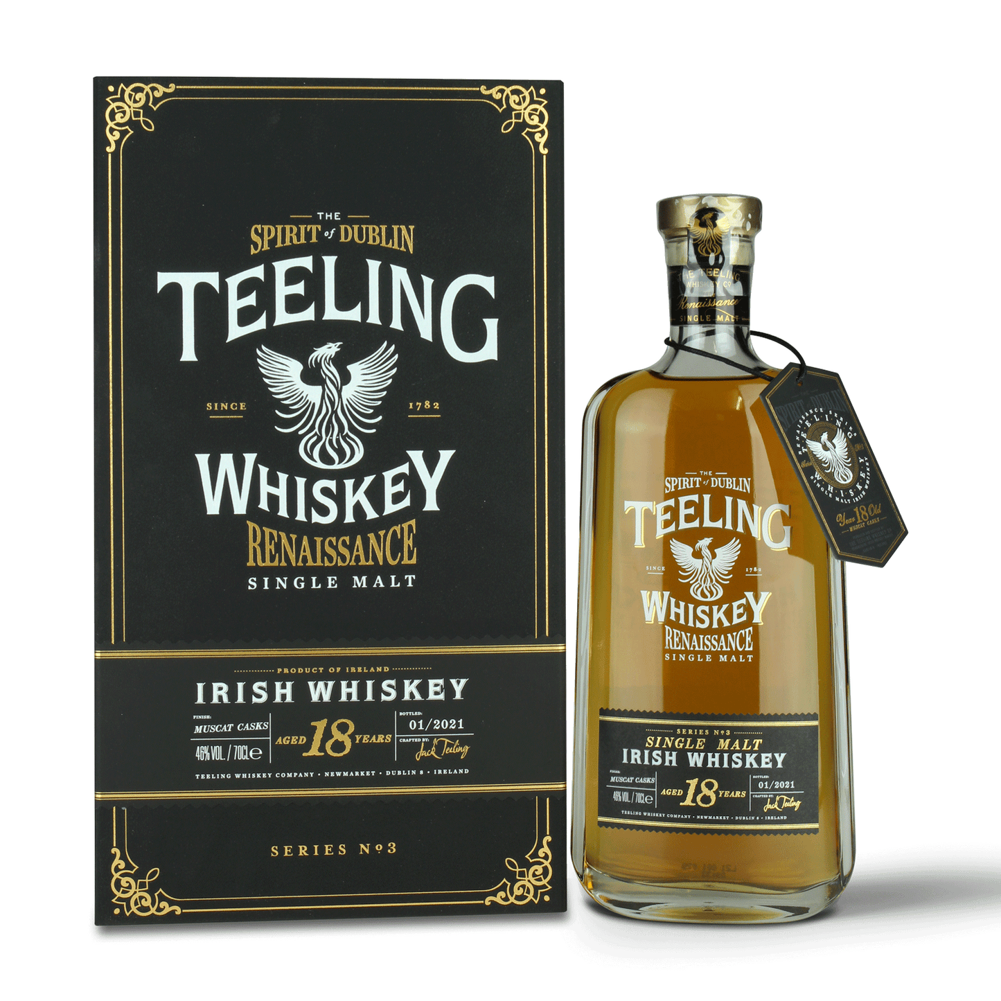 Teeling Whiskey Flasche und Verpackung.