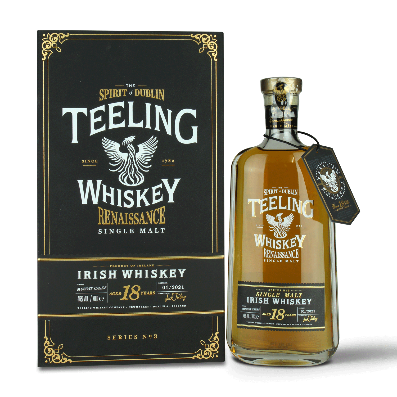 Teeling Whiskey Flasche und Verpackung.