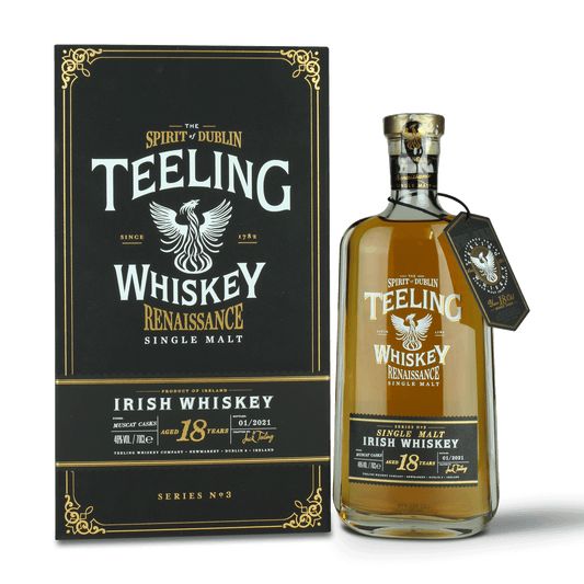 Teeling Whiskey Flasche und Verpackung.