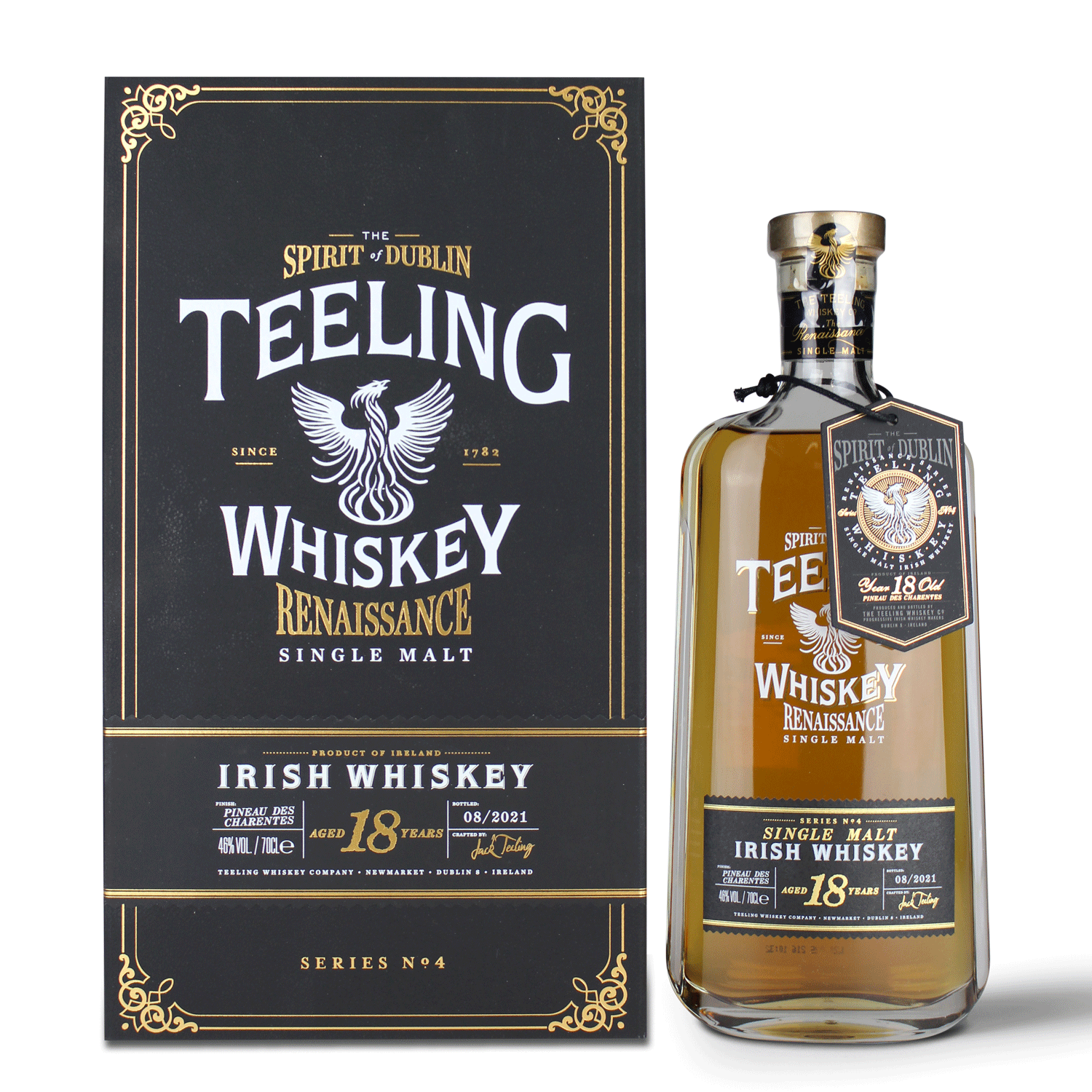 Teeling Whiskey Flasche und Verpackung.