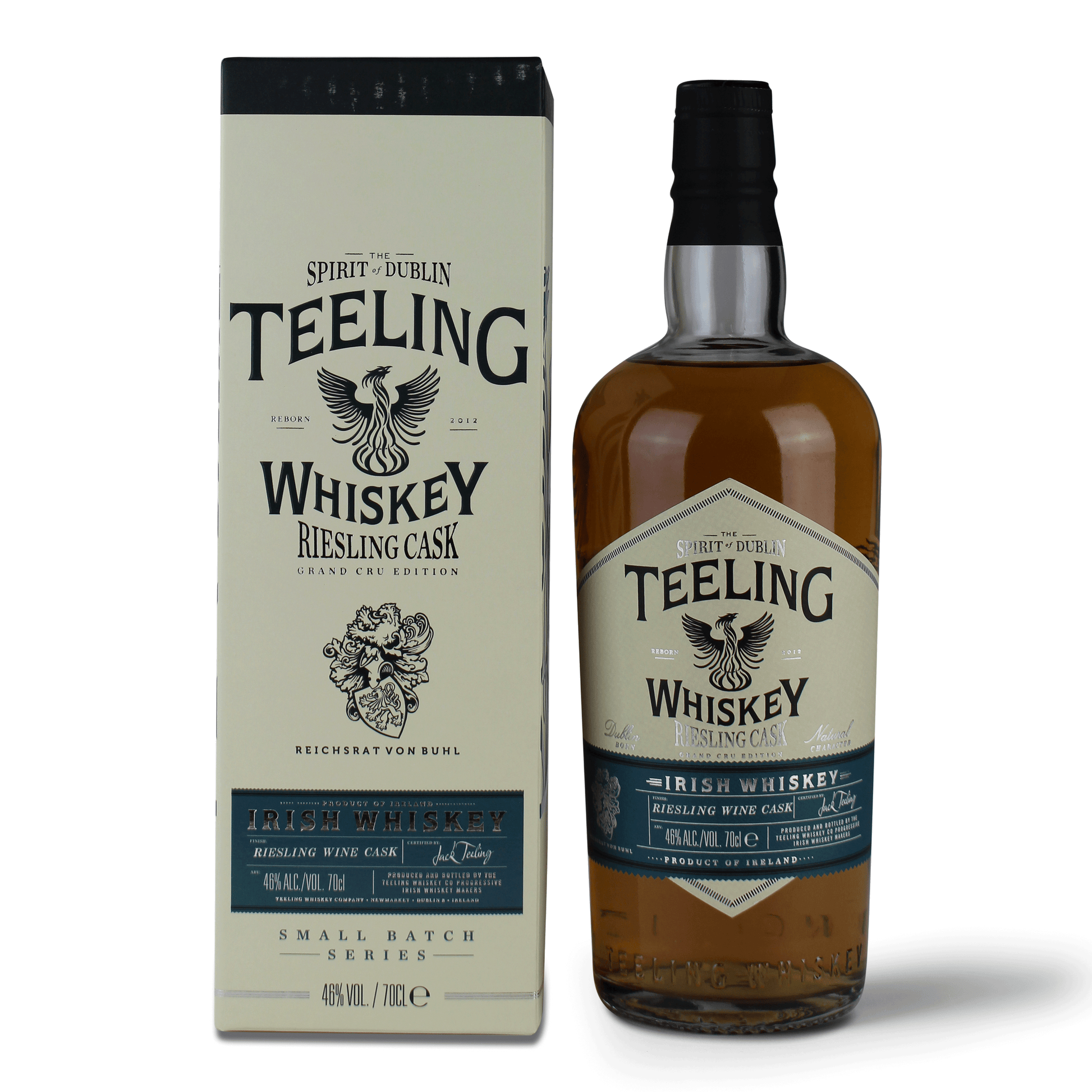 Teeling Whiskey Flasche und Verpackung.