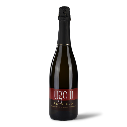 Prosecco-Flasche mit rotem Etikett.